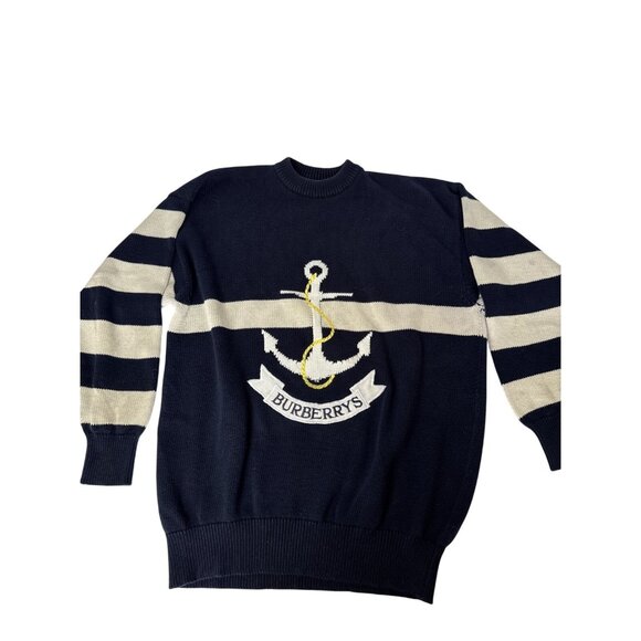 Burberrys Vintage Navy & Cream Nautical Knit Sweater XL Made In Scotland - Picture 1 of 12